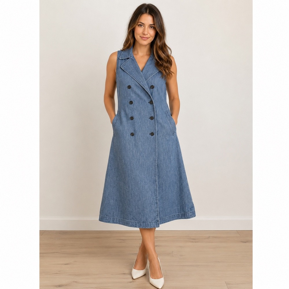 Burberry London Denim Trench Dress Blue Double Breasted Sleeveless Italy Size 12